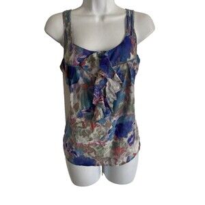 Anthropologie Postmark Water Color Ruffle Silk Blend Tank Top Sz 2 Cottage Beach